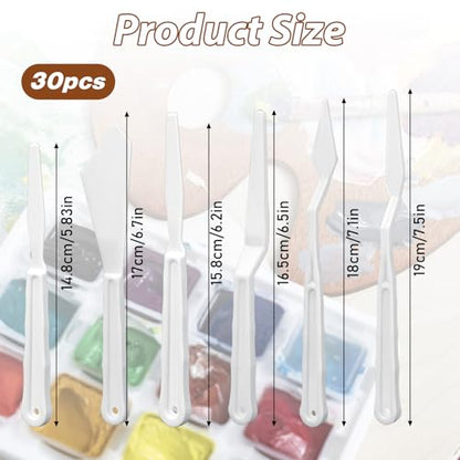 30 Pcs Paint Spatula Tools Plastic Painting Palette Knives White Art Artist Knife Tools Thin and Flexible Art Pallet Knife Palette Knife Set for Oil Acrylic Painting Color Mixing