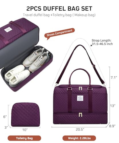 WINDARS Travel Duffle Bag, Weekender Bags for Women with Shoe Compartment, Overnight Bag with Toiletry Bag, Carry On Duffel Bags For Airplanes, Yoga Gym Duffel Bag, Dark Purple - color: Dark Purple