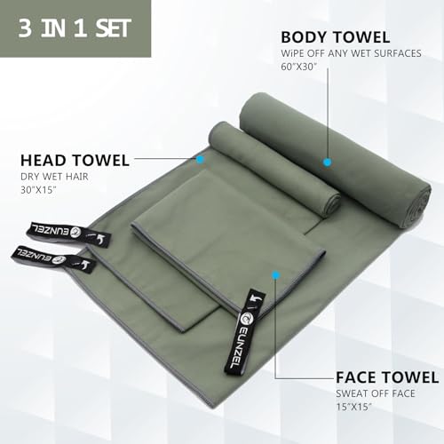 Eunzel Quick Dry Camping Towel, Microfiber Travel Towel 3 Size at 1 Pack,Fast Drying Towel Set for Camping, Beach, Gym, Sports, Yoga & Swimming Pool, Army Green - color: Army Green