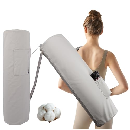 Cotton yoga mat bag with Pockets and Adjustable Strap - Full Zip Cargo Yoga Mat Carrier Bag - Bag for 1/4" 1/3" Thick Yoga Mat - color: Grey, size: XL
