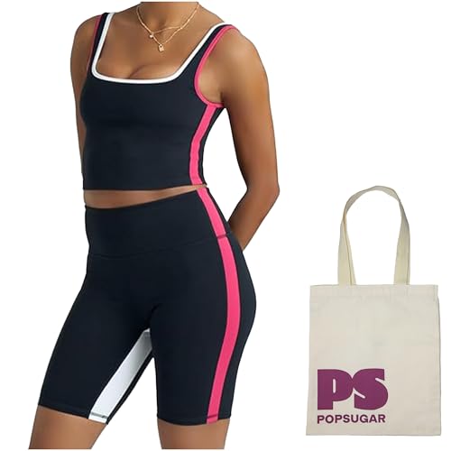 Two piece workout sets for women, 2 piece Gym Sets Tank Top Shelf Sports Bra And Matching Biker Shorts Running Work Out Yoga - color: Black Night/Poppy Pink/White Light, size: X-Small