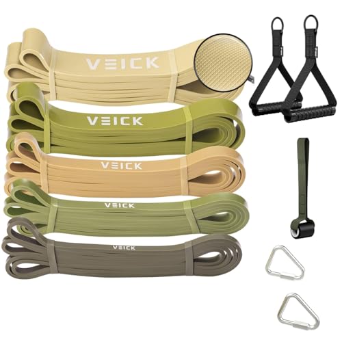 VEICK Pull Up Assist Resistance Bands for Home Gym | 100% Natural Latex, Non Slip Leather Texture, Space Saving, Full Body Training for Men Women - color: Green Set of 5 + Handles