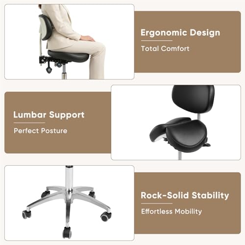 Ergonomic Saddle Stool with Backrest, 485 lbs Capacity Rolling Stool, 12 Tilt, Adjustable Height Split Seat Stool, 360 Swivel Rolling Chair for Office, Salon, Massage, Dental, Tattoo - color: Saddle Stool With Backrest
