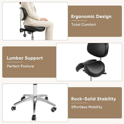 Ergonomic Saddle Stool with Backrest, 485 lbs Capacity Rolling Stool, 12 Tilt, Adjustable Height Split Seat Stool, 360 Swivel Rolling Chair for Office, Salon, Massage, Dental, Tattoo - color: Saddle Stool With Backrest