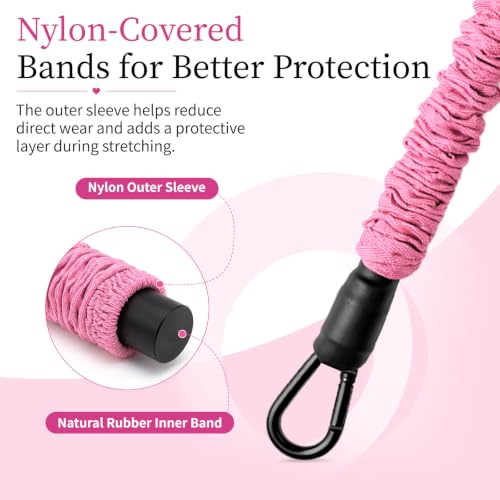 3-Tube Pedal Resistance Band with Handles, 90lbs Peak Resistance | Nylon-covered straps prevent snap injury. Padded pedals & non-slip grips ensure comfortable full body exercises. Beginner gym - color: Pink
