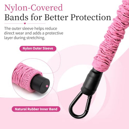 3-Tube Pedal Resistance Band with Handles, 90lbs Peak Resistance | Nylon-covered straps prevent snap injury. Padded pedals & non-slip grips ensure comfortable full body exercises. Beginner gym - color: Pink