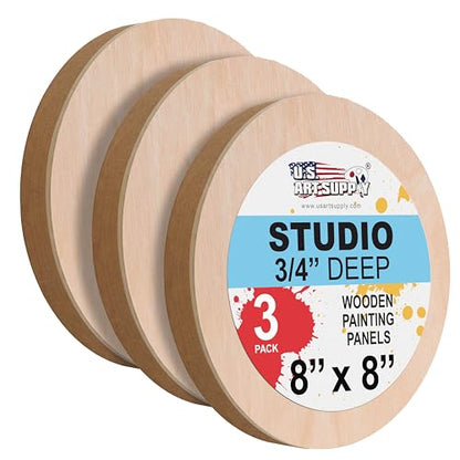 U.S. Art Supply 8" Round Unfinished Cradled Wood Panels for Painting | Studio 3/4" Deep (3 Pack) - Artist Depth Wooden Wall Canvases - Mixed-Media Craft, Acrylic, Oil, Encaustic, Paint Pouring - size: 8", style: Round Studio Depth