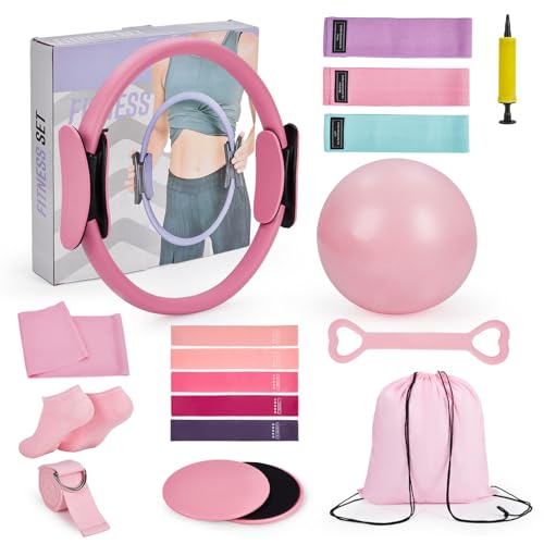 Takywep Women’s Home Pilates Starter Kit, Complete Training Set with 13 Inch Magic Pilates Circle, Mini Exercise Ball & Elastic Resistance Bands, All-in-One Fitness Accessories