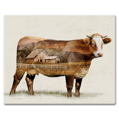 CounterArt Cow Landscape 3mm Tempered Glass Cutting Board 12" x 15" | Serving Board, Charcuterie Board - color: Cow Landscape
