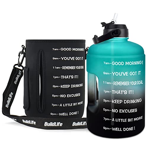 QuiFit 1 Gallon Water Bottle - with Straw & Motivational Time Marker Leak-Proof BPA Free Reusable Gym Sports Outdoor Large(128OZ/73OZ) Capacity Water Jug - color: QFC1 GreenD-Black with Sleeve, size: 128 Ounces