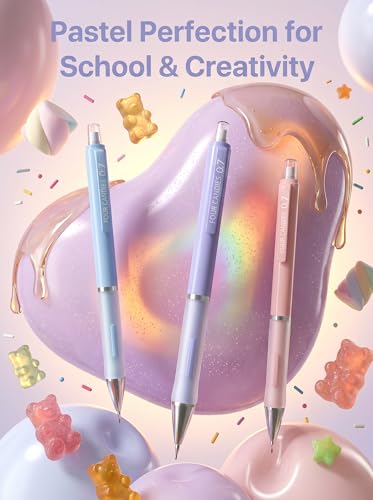 Four Candies 0.9mm Pastel Mechanical Pencil Set with Case, 3-Pack | 360 Leads, 3 Erasers+9 Refills, Cute Pink/Purple/Blue Barrels, Non-Slip Grip, Bold Lines for Notes, Sketching & Marking - style: 0.9mm