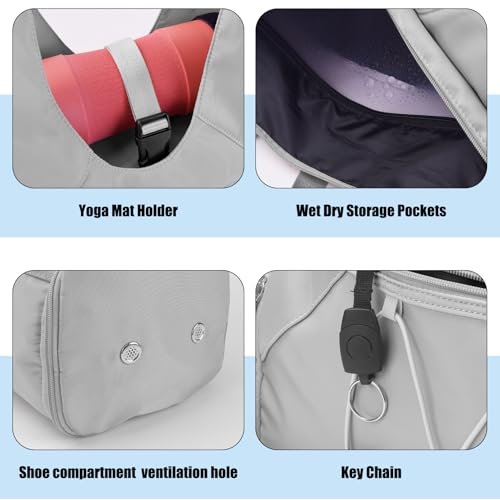 Forestfish Gym Bag For Women With Yoga Mat Holder, Grey | Shoe Compartment, Wet Dry Storage Pocket, Removable Shoulder Strap, Lightweight & Water Resistant - color: Grey