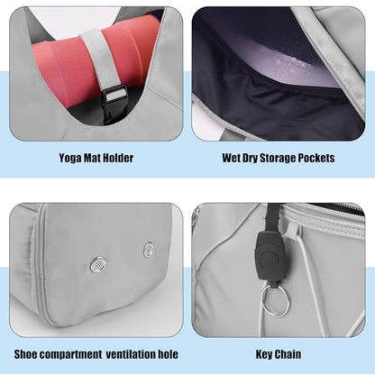 Forestfish Gym Bag For Women With Yoga Mat Holder, Grey | Shoe Compartment, Wet Dry Storage Pocket, Removable Shoulder Strap, Lightweight & Water Resistant - color: Grey
