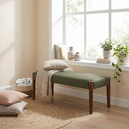 Usaint 42" End of Bed Bench with Wood Legs, Dark Green with Walnut Leg - color: Dark Green With Walnut Leg