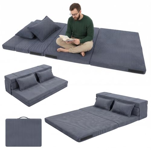 Tri-Fold Futon Mattress, Foldable Japanese Floor Sleep Mattress, High-Density Foam Tatami Bed Mat with Corduroy Cover, Floor Bed for Guest Room, Guest Bed & Flexible Living (Navy Blue,Full) - color: Navy Blue, size: Full (75"L x 54"W x 3"Th)