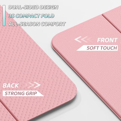 ILILI Foldable Yoga Mat 71 * 24 * 0.3 Inch | Lightweight TPE Non Slip Exercise Mat, Waterproof Portable Fitness Mat for Home Gym, Pilates, Stretching & Daily Workouts - color: Light Pink