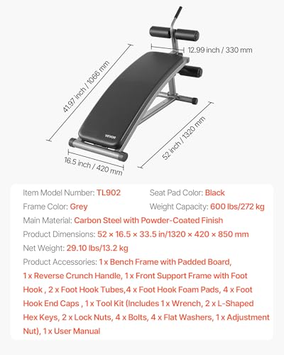 VEVOR Sit Up Bench, Curved Decline Ab Bench with Reverse Crunch Handle, with 6 Adjustable Height Setting, Heavy Duty Steel, 600 Lbs Capacity for Home Gym Workouts, Strength Training, Full Body Muscles - size: Ab Bench/600lbs