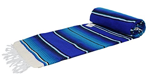 Open Road Goods Authentic Mexican Serape Blanket - Multicolor Saltillo Throw with Classic Stripe Pattern - Lightweight Handmade Blanket for Beach, Yoga, or Home Decor (Blue) - color: Ocean Blue