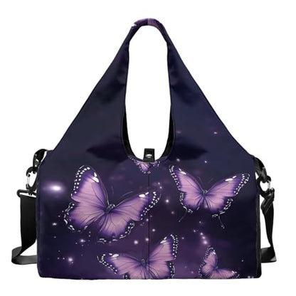 Gym Bag with Yoga Mat Holder Large Tote Bag With Multi Pockets for Women Men Dry Wet Separated Pocket Carryall Yoga Tote Bag for Pilates Travel Workout Office - color: Butterfly purple