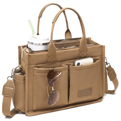 ZHMO Canvas Tote Bag for Women,Women's Bags Crossbody Bags Work Laptop Tote Bag Large Handbags Purse for Travel Nurse Teacher - color: New Upgrade Brown With Compartments and Side Cup Holders