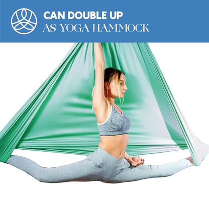 Aerial Silks Starter Kit, 9 Yards, Aerial Yoga Hammock, Hardware | Knitted fabric with pose guide, for aerial yoga, gymnastics, silk swing, stretching and home gym use, suitable for all levels - color: Aqua