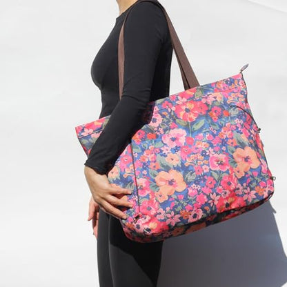 ESVAN Yoga Tote Bag for Women Drawstring Canvas Shoulder Bags for Workout Travel Carryall Pilates Gym and Beach - color: Blue Flower