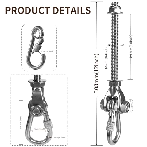 2 Heavy Duty Swing Hangers 180° Stainless Steel Swing Hooks 800LBS Capacity Playground Swing Seat Hardware Hammock Chair Porch Swing - size: 2 Pack 180°