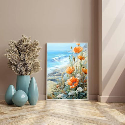 Paint by Numbers for Adults Beginner Flowers,Paint Number Kits Poppies and Daisies Adult,Paint by Number Sea View Adult Paint by Number Kits DIY Oil Painting Kits Gift, 12 x16 Inch（Include Framed） - color: DKH002