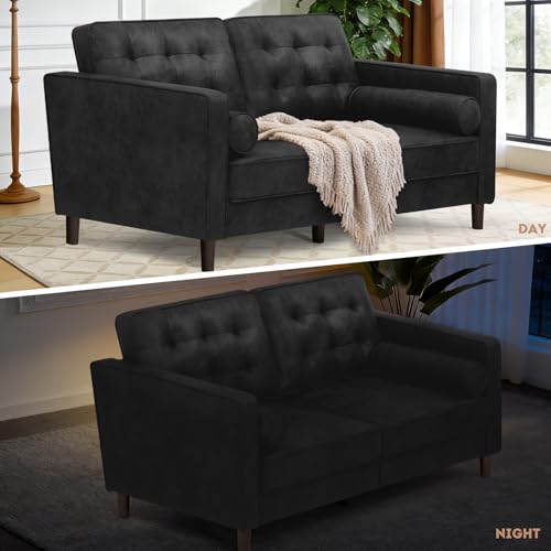 67" Suede Leather 2 Seater Sofa with Two Bolster Pillows, Black - color: Black, size: 67" Loveseat
