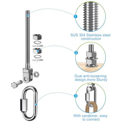 Dolibest Heavy Duty Swing Hanger, 304 Stainless Steel Swing Bolts w/Quick-Connect Carabiner, Swing Hook w/Dual-Screw Locking for Hammock, Yoga Swing, Porch Swing for Wood/Metal Beam-(M10X5'')-1500LB - color: M10x5''-2pcs