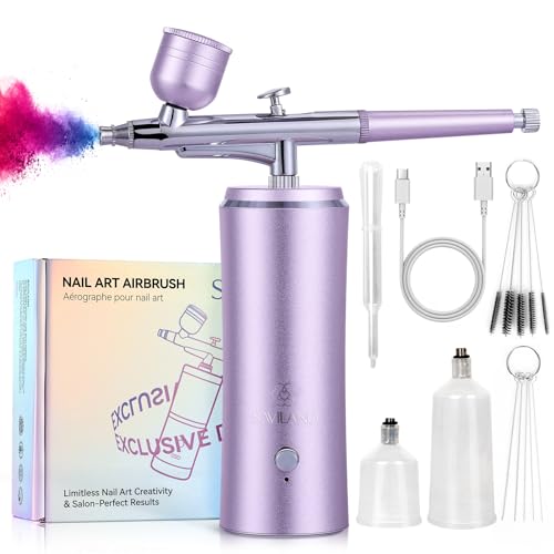 SAVILAND Infinite Nail Art Airbrush Kit with Compressor: 3X Instant Atomization Nail Airbrush Machine 30 PSI Clog Free Spray Gun Ombré French Blurred Nails Makeup Cake Decorating Body Art 850 mAh - color: Light-Purple