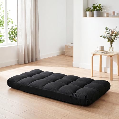 Giantex Adjustable Floor Gaming Sofa Chair 14-Position Cushioned Folding Lazy Recliner High Resilience Sponge, Breathable Cotton & Linen Fabric Sleeper Bed Couch Recliner (Black) - color: Black