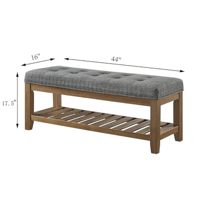24KF Large Rectangular Upholstered Tufted Linen Fabric Ottoman Bench, Padded Bench with Solid Wood Shelf-Granite - color: Granite-bench, size: 15.8"D x 44"W x 18"H