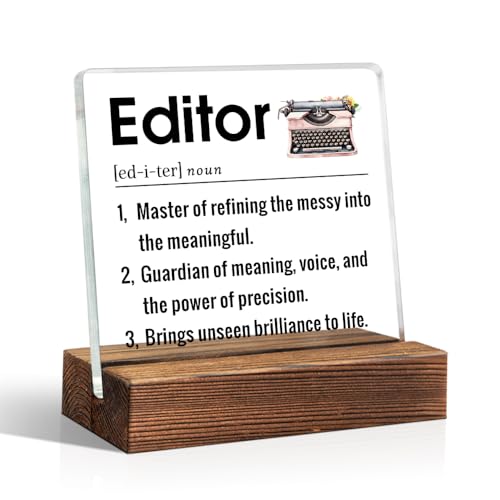 Editor Definition 나무 스탠드가 있는 아크릴 사인, 작가를 위한 재미있는 사무실 선물, 소설가를 위한 영감을 주는 책상 장식, 미래의 베스트셀러 작가 감사 선물, 편집 졸업생 선물 - color: 화이트 & 핑크