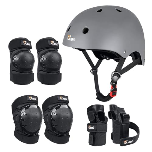 JBM Adult & Kid Skating Protective Gear Set for Beginner to Advanced, Skateboard Helmet Knee and Elbow Pads with Wrist Guards for Inline Roller Skating, Scooter, Skateboarding - color: Gray, size: Medium (8-14 years)