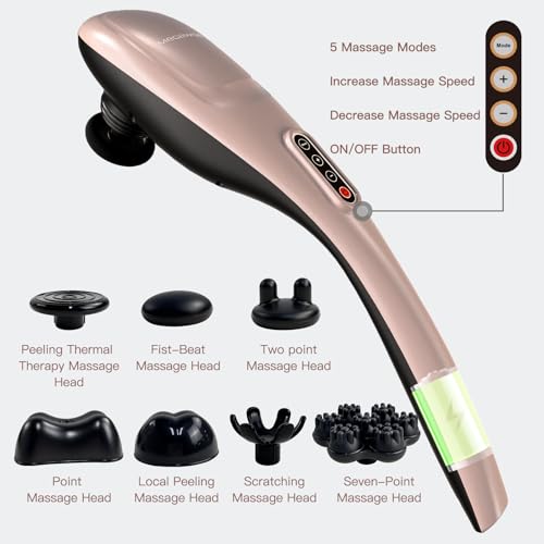 MEGAWISE Cordless Handheld Back Massager w/Rechargeable 3200mAh Battery, 5 Speed and 5 +2 Massage Nodes with Hard, Medium and 2 Soft Silicone Nodes; Massage While Moving Around (Rose Gold) - color: Rose Gold