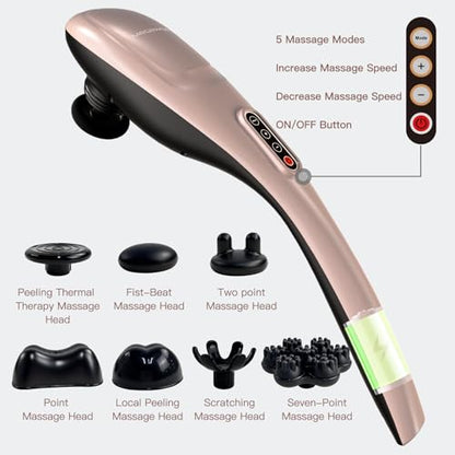 MEGAWISE Cordless Handheld Back Massager w/Rechargeable 3200mAh Battery, 5 Speed and 5 +2 Massage Nodes with Hard, Medium and 2 Soft Silicone Nodes; Massage While Moving Around (Rose Gold) - color: Rose Gold