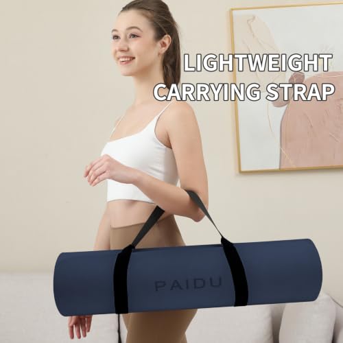 PAIDU POE Yoga Mat （10mm）Extra Thick Fitness Mat 72"x24" with Carry Strap - color: Navy blue & Black