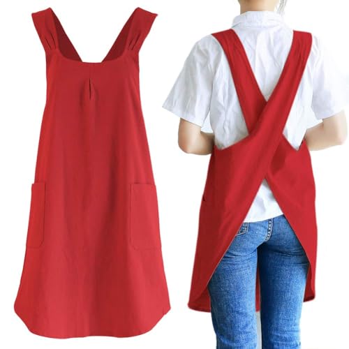 Japanese Style Linen Cotton Cross Back Pinafore Apron with Pockets for Women Ladies Men Chef Kitchen Cooking Baking - color: Women's Size Red