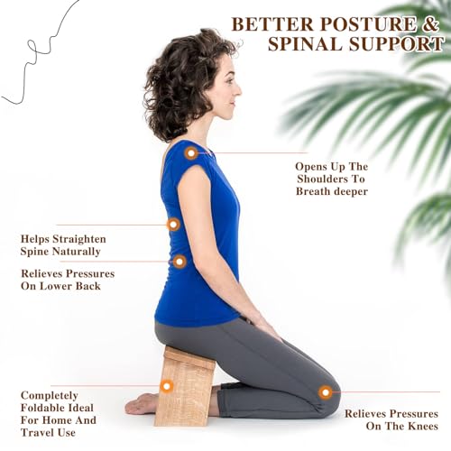 Meditation Bench with Cushion Foldable Ergonomic Bamboo Kneeling Stool Seiza Bench Wooden Meditation Stool Chair Zen Lotus Yoga Stool Floor Sitting Prayer Bench Removable Pillow