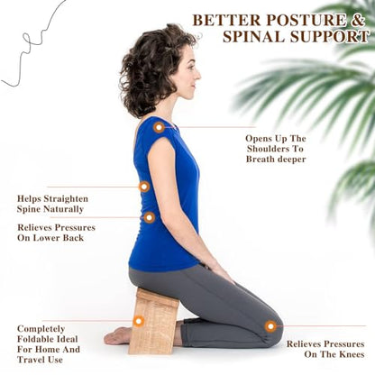 Meditation Bench with Cushion Foldable Ergonomic Bamboo Kneeling Stool Seiza Bench Wooden Meditation Stool Chair Zen Lotus Yoga Stool Floor Sitting Prayer Bench Removable Pillow