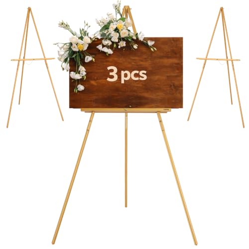 VISWIN 3Pcs 63" Gold Easel Stand for Wedding Signs, Adjustable Wooden Display Easel with Holder, Tripod Floor Easel for Welcome Board, Poster, Picture, Photos, Paintings - color: Gold, size: 3 PCS