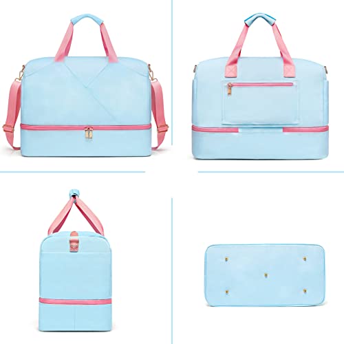 Sports Gym Bag for Women, Travel Duffle Bag with Shoe Compartment & Wet Pocket, Fitness Yoga Bag - color: Blue-93