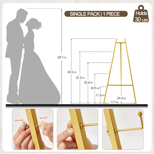 Gold Easel Stand for Sign, 43.5in Heavy Duty | 43.5in height, 4 adjustable tiers, holds 30 lbs, wedding signs, photos, mirrors, tabletop & floor displays, folding metal - size: high--43.5"