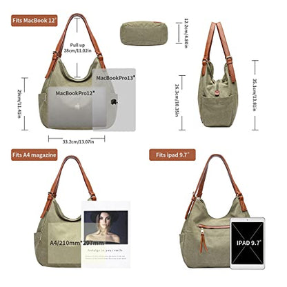 Worldlyda Women Canvas Hobo Purse Multi Pocket Tote Shopper Shoulder Bag Casual Top Handle handbag with Embroidery Ethnic - color: Be06army Green