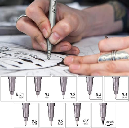 YUANCHENG Precision Micro-Line Pens, Set of 9 Black Micron Fineliner Ink Pens, Waterproof Archival Ink, Multiliner, Sketching, Anime, Artist Illustration, Technical Drawing，Art Watercolor