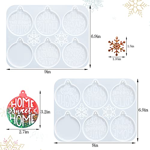 Sakolla Christmas Resin Molds 2 Pack Christmas Silicone Molds Ornaments Resin Molds Round Shape Lettered Pendant for Epoxy Resin Casting DIY Jewelry Keychain Snowflakes Crafts - color: Round/White