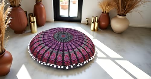 CRAFT KALA Large Hippie Floor Pillow Cover Mandala Meditation Cushion Case Pouf Cover Round Poufs Cover Bohemian Floor Cushion Cover Outdoor Fireplace Yoga Living Room Decor 32" Pink Mirchi - color: Pink Mirchi