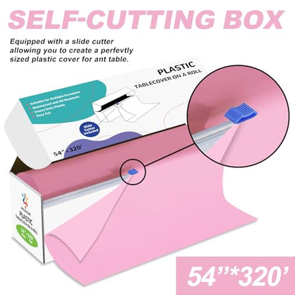 54IN X 320FT Plastic Table Cover Roll with Cutter Box, Cut to Size Plastic Table Cloths for Parties, Birthday, (Pink, 54"x3840"(Rectangular)) - color: Pink, size: 3840" x 54" (Rectangular)
