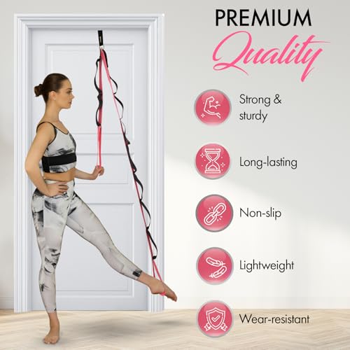 10-Loop Yoga Strap with Door Anchor for Stretching & Flexibility - color: Pink